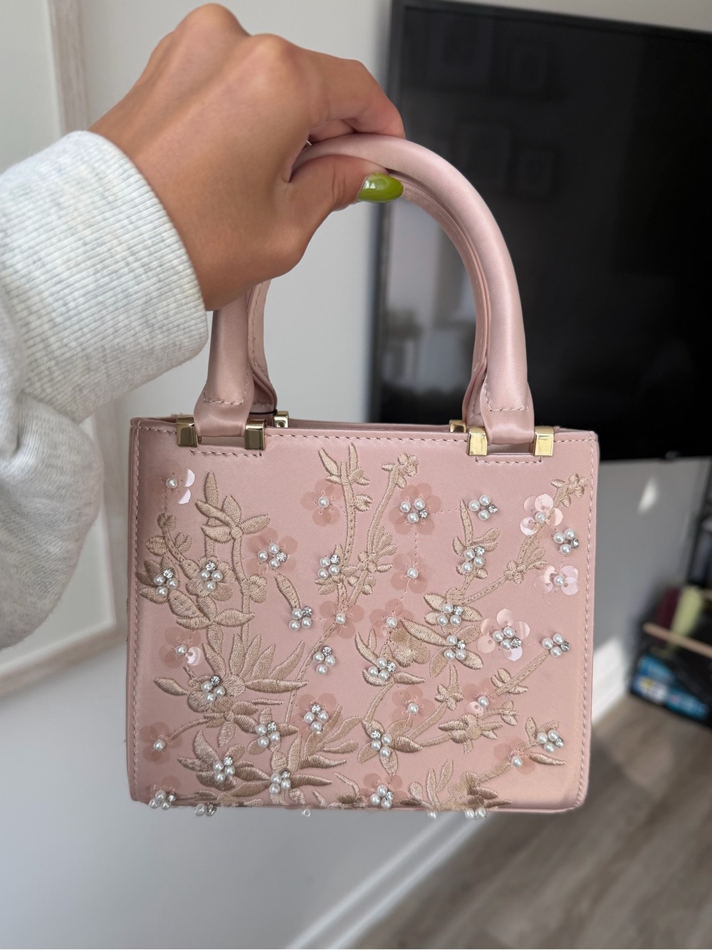 Zara Pink Floral Embellished Structured Bag - Picture 2 of 6